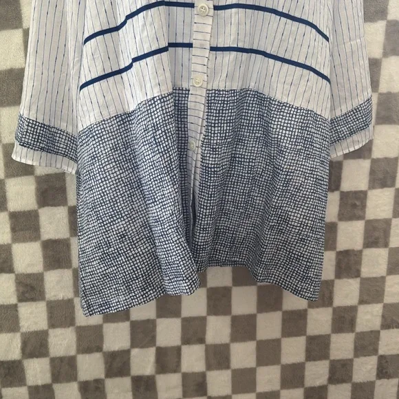 Terra Sj Apperal Large Blouse Shirt White Blue Linen Lagenlook - Picture 3 of 13